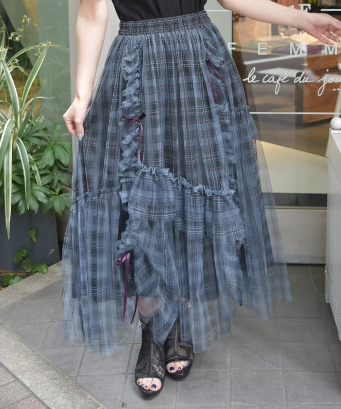 Drawstring Plaid Tulle Skirt