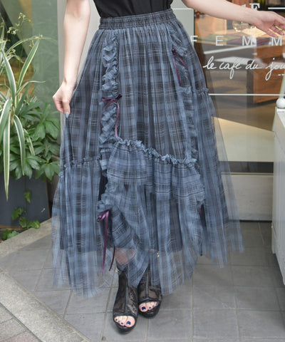 Drawstring Plaid Tulle Skirt
