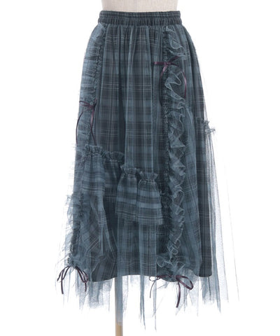 Drawstring Plaid Tulle Skirt
