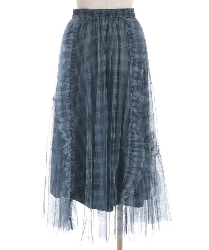Drawstring Plaid Tulle Skirt