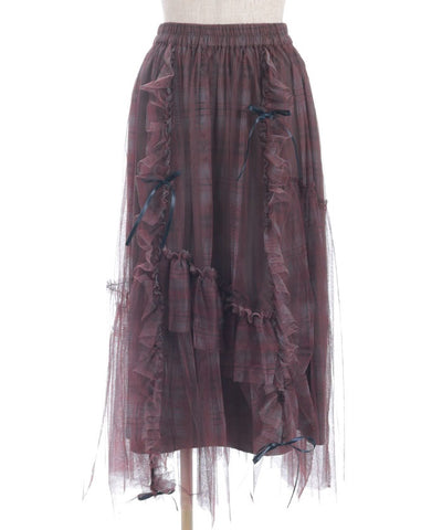 Drawstring Plaid Tulle Skirt