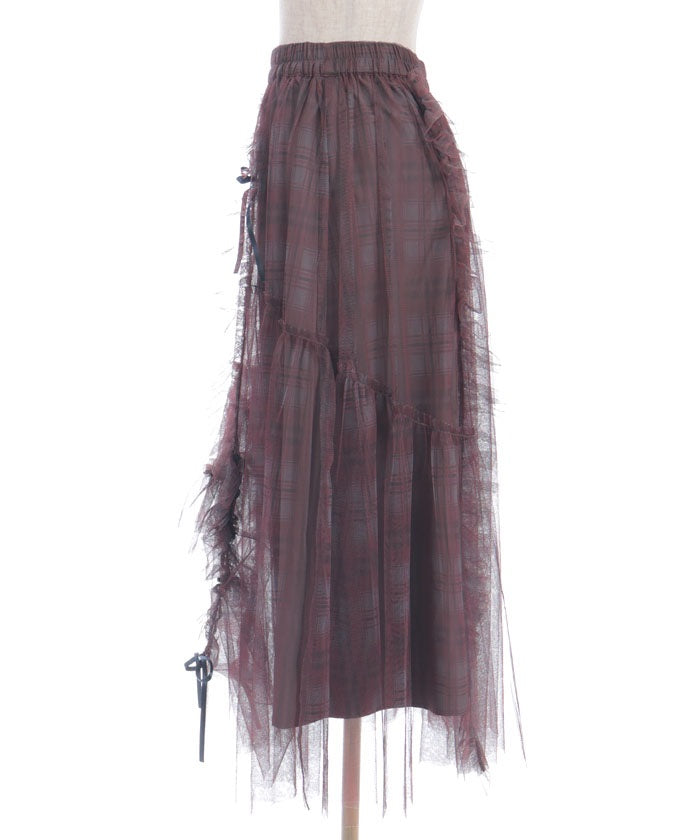 Drawstring Plaid Tulle Skirt