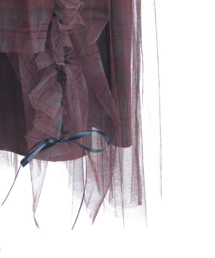 Drawstring Plaid Tulle Skirt