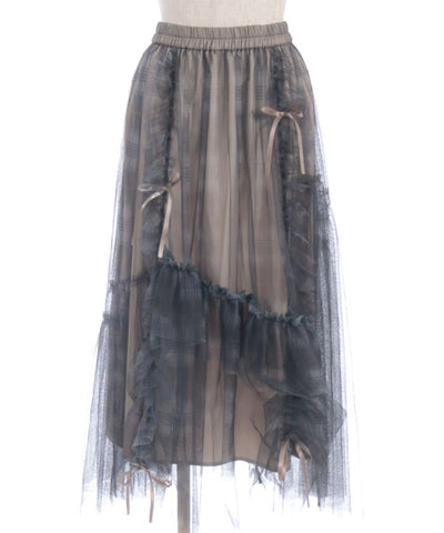 Drawstring Plaid Tulle Skirt