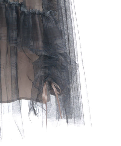 Drawstring Plaid Tulle Skirt
