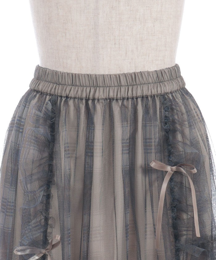 Drawstring Plaid Tulle Skirt