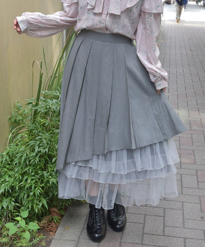 Asymmetric Pleated & Tulle Skirt