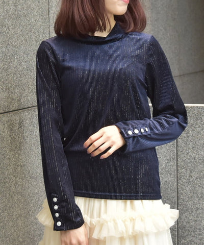 Sleeve Button Lamé Velour Rib Pullover