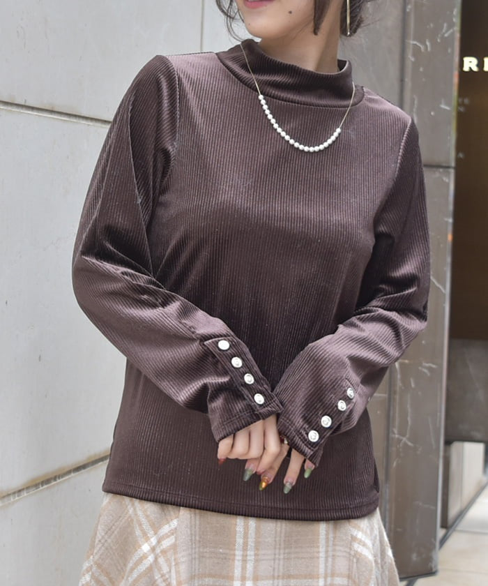 Sleeve Button Lamé Velour Rib Pullover