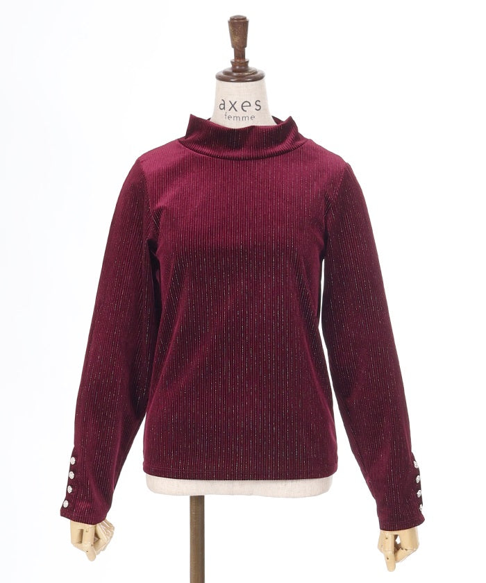 Sleeve Button Lamé Velour Rib Pullover