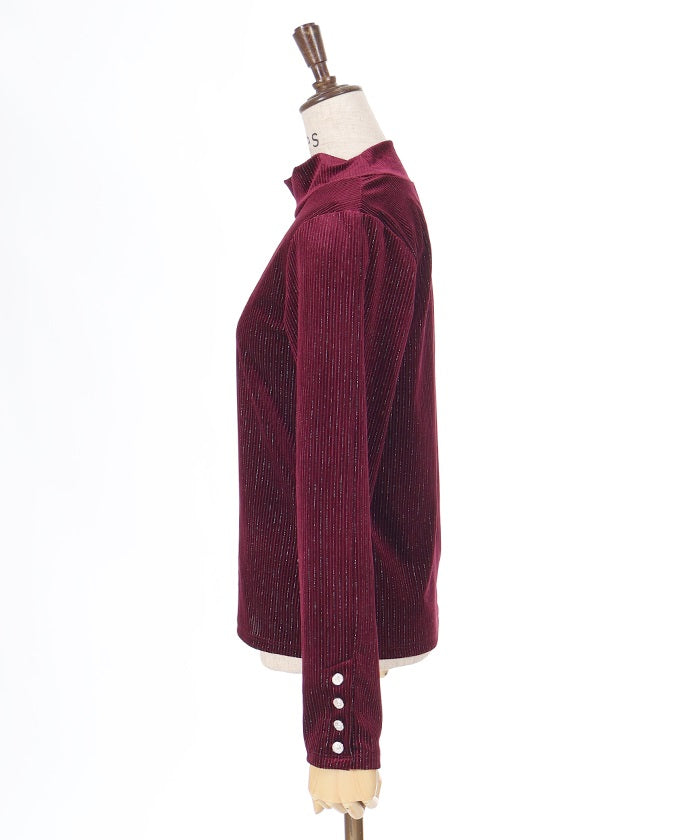 Sleeve Button Lamé Velour Rib Pullover