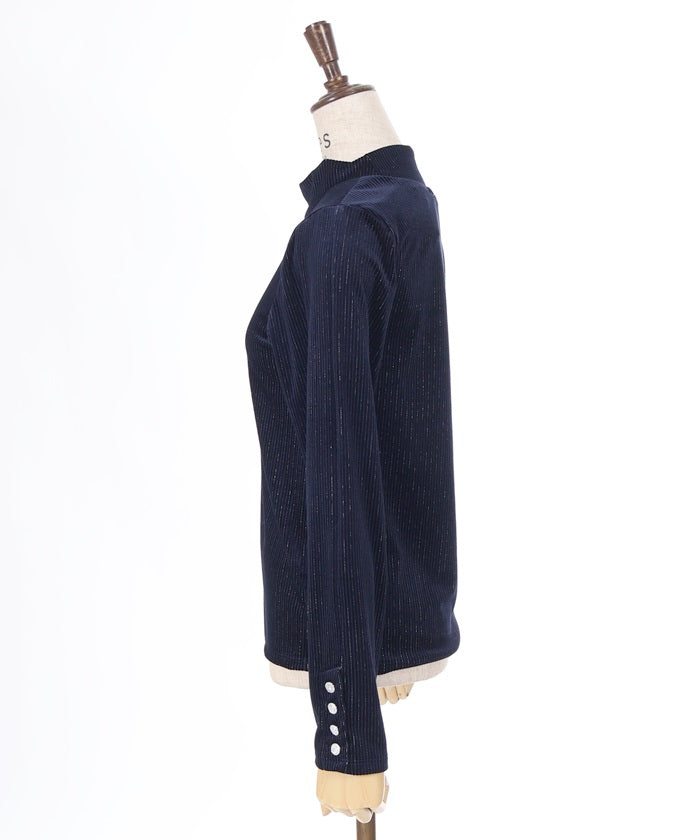 Sleeve Button Lamé Velour Rib Pullover