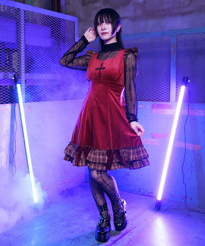 Velour & Check Frill Dress