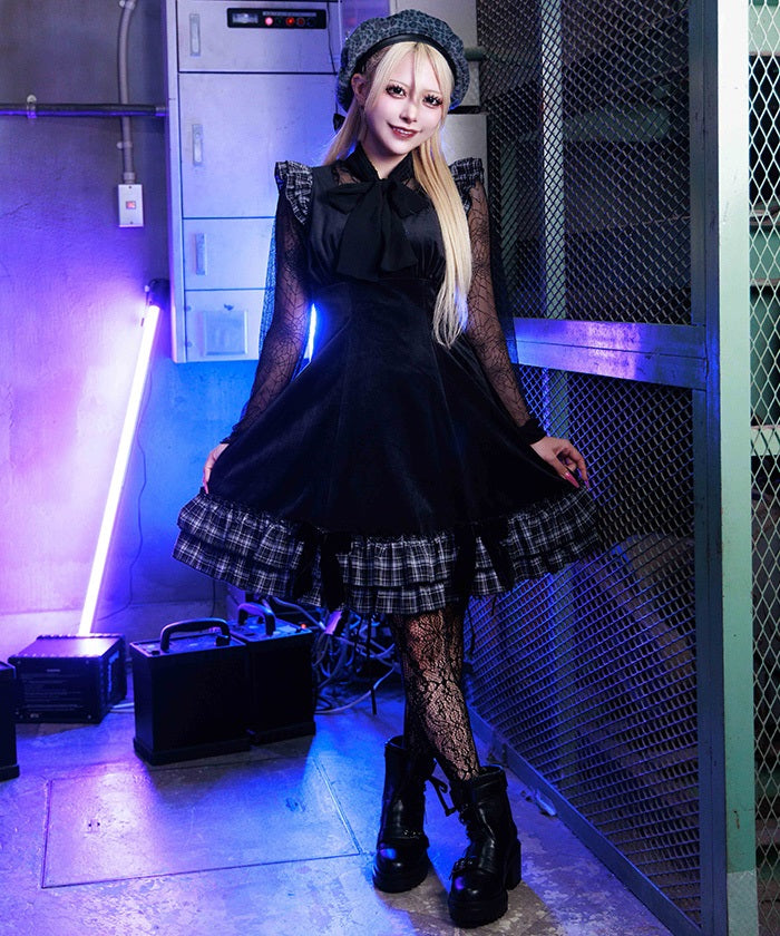 Velour & Check Frill Dress