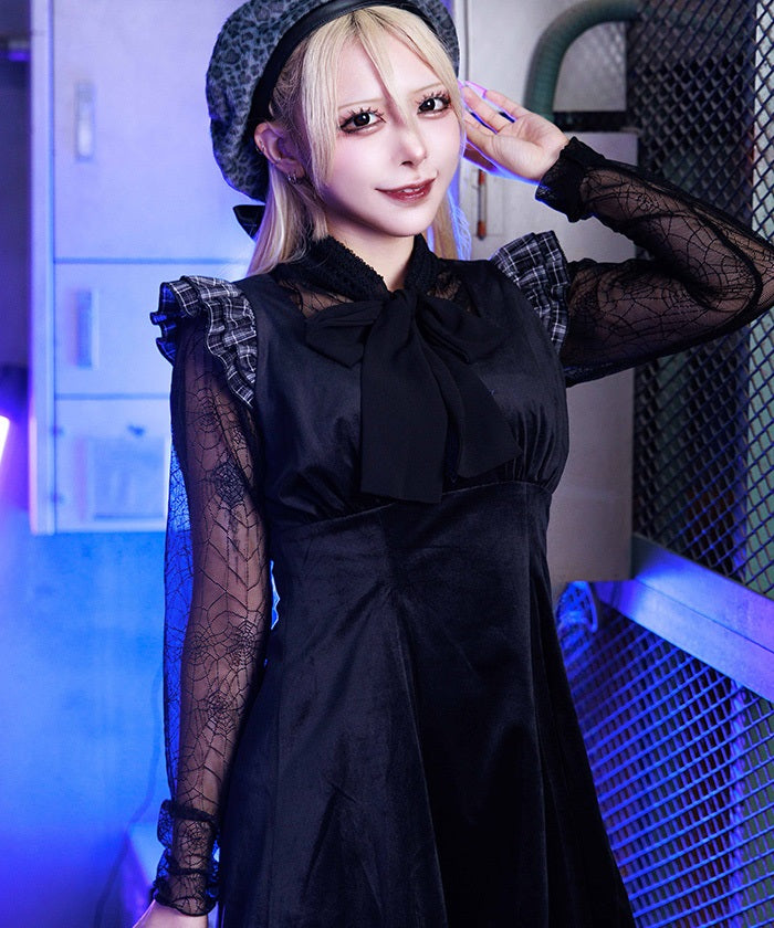 Velour & Check Frill Dress