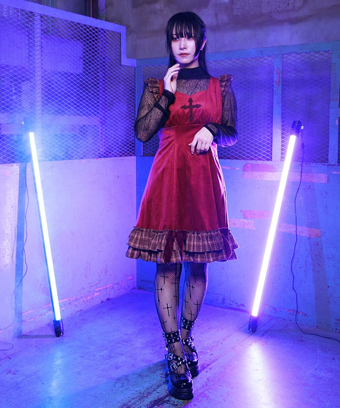 Velour & Check Frill Dress