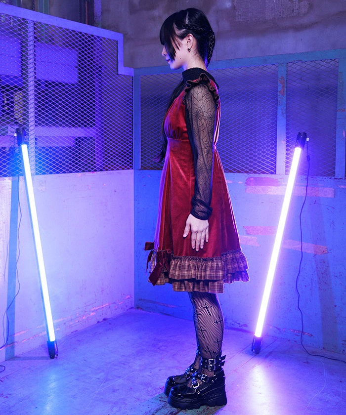 Velour & Check Frill Dress