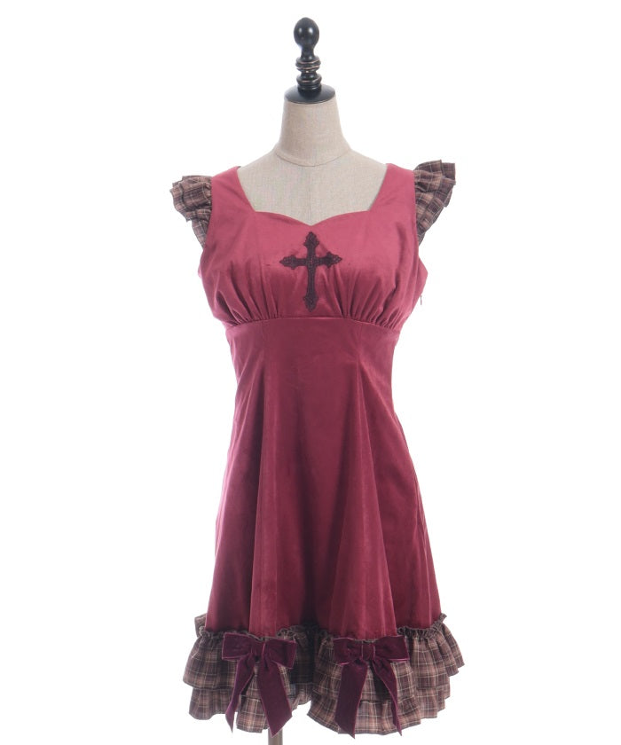 Velour & Check Frill Dress
