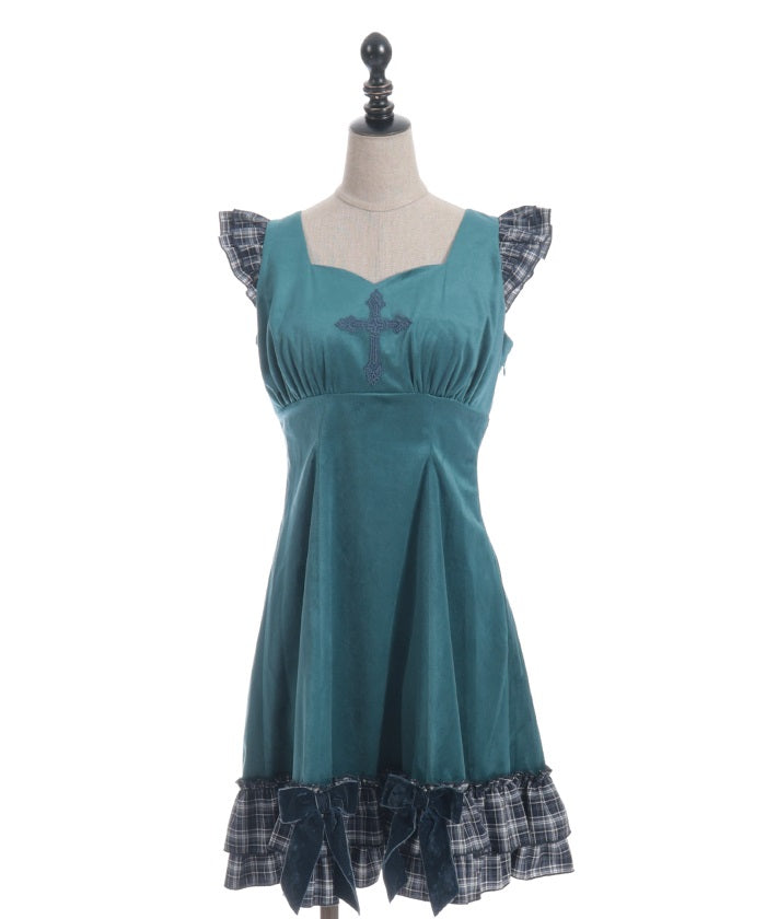 Velour & Check Frill Dress