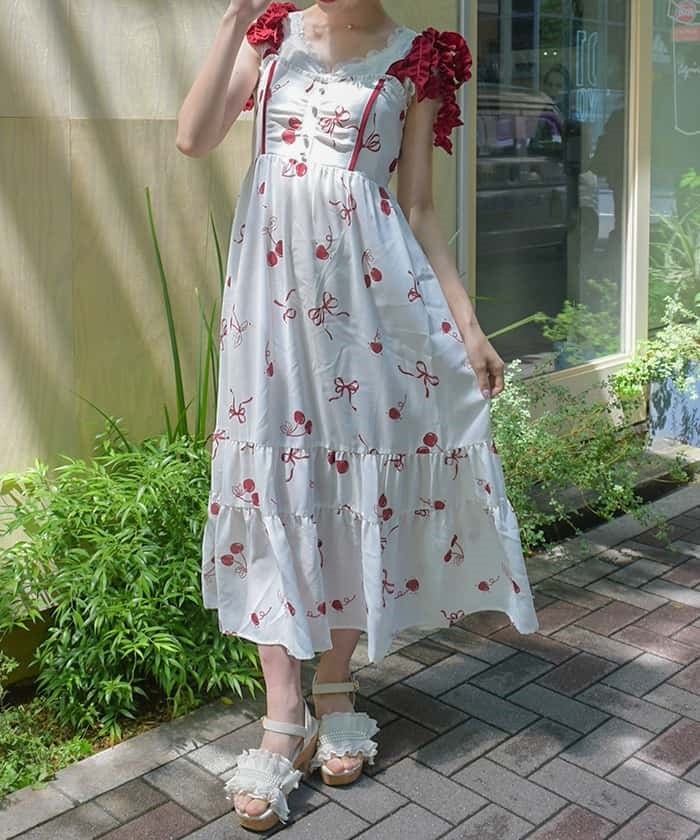 Cherry Pattern Frill Ribbon Dress