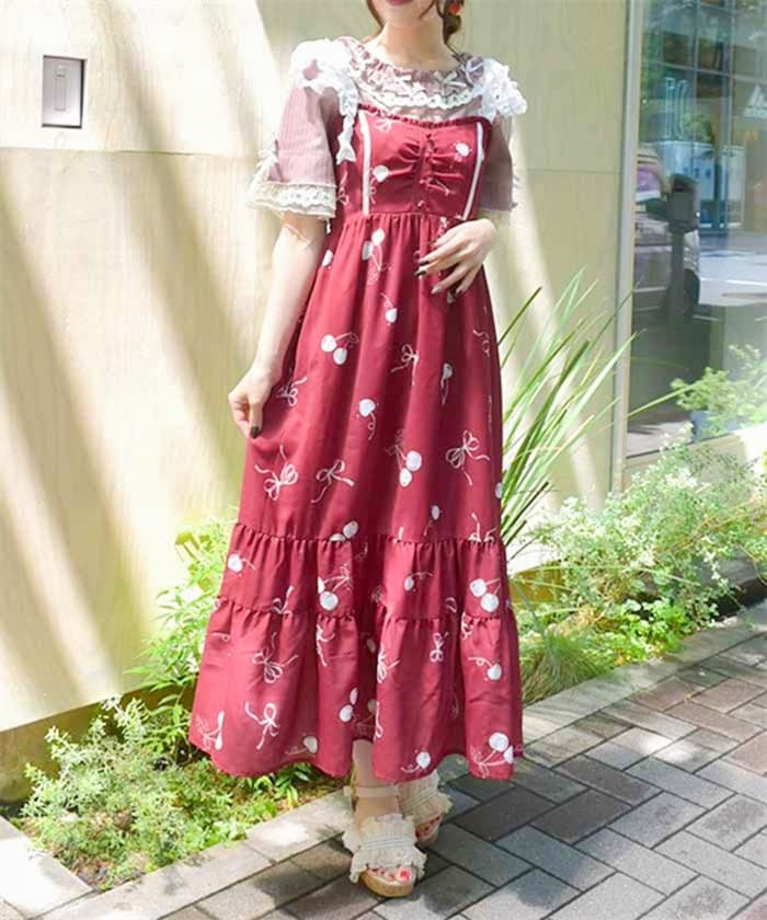 Cherry Pattern Frill Ribbon Dress