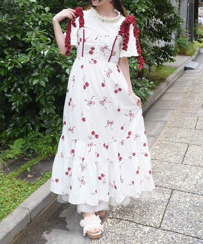 Cherry Pattern Frill Ribbon Dress