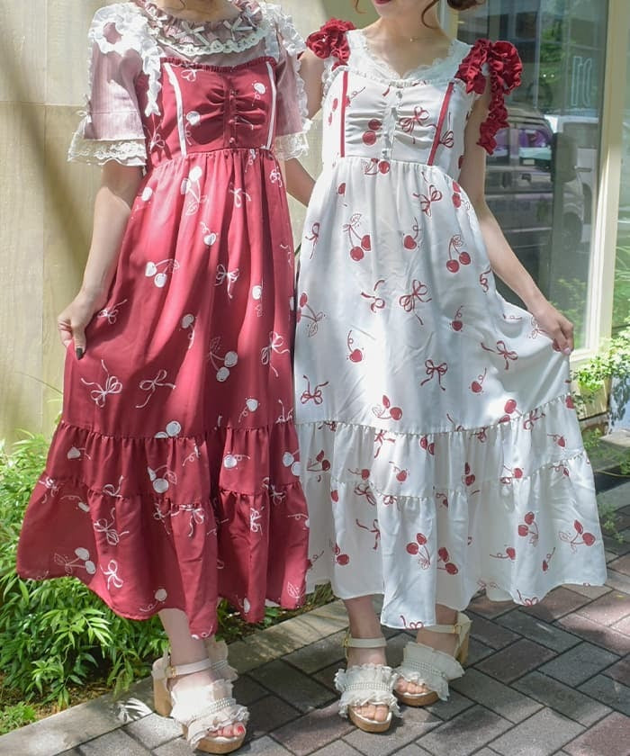 Cherry Pattern Frill Ribbon Dress