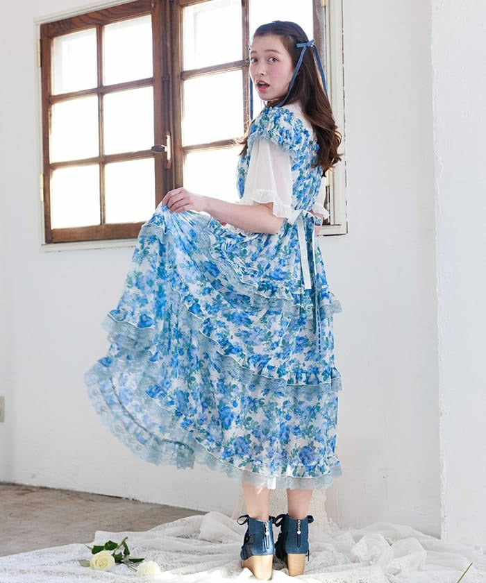 axes femme blue dress Blooming Rose Pattern – from JAPAN overthemoon-sale