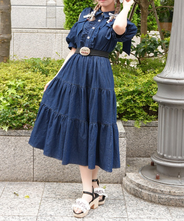 column denim dress Ribbon Shoulder – axes femme from JAPAN Size medium measures 52.5 Color:Rust Bouquet Midi denim Semi_formal_dress 