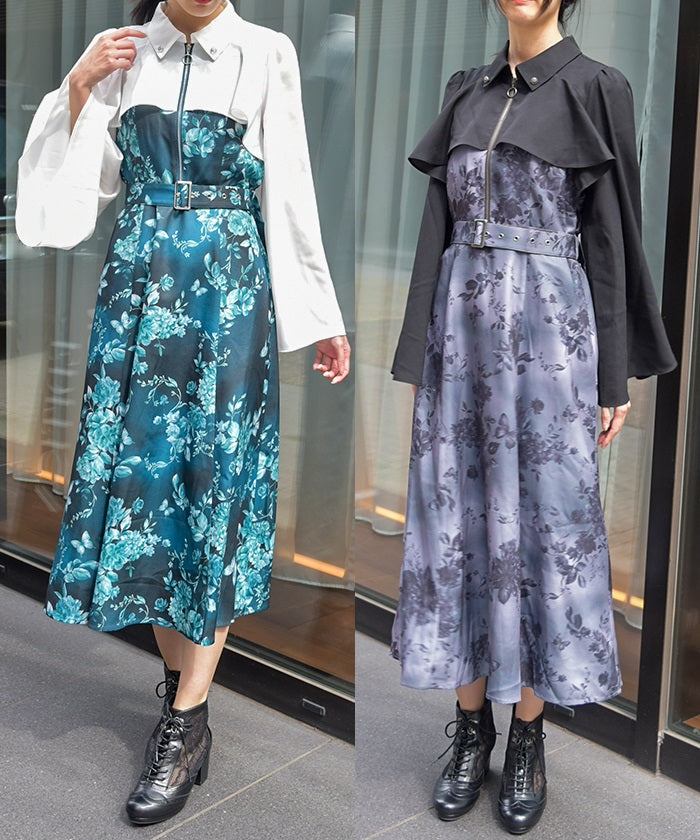 Butterfly & Floral Pattern Zip Dress