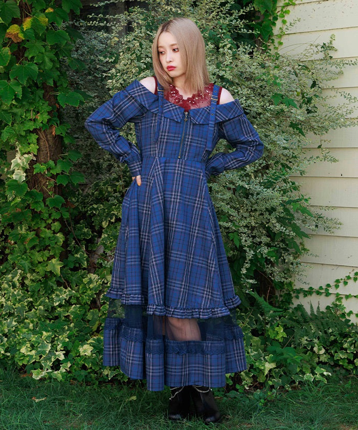 Tartan Plaid Open Shoulders Dress