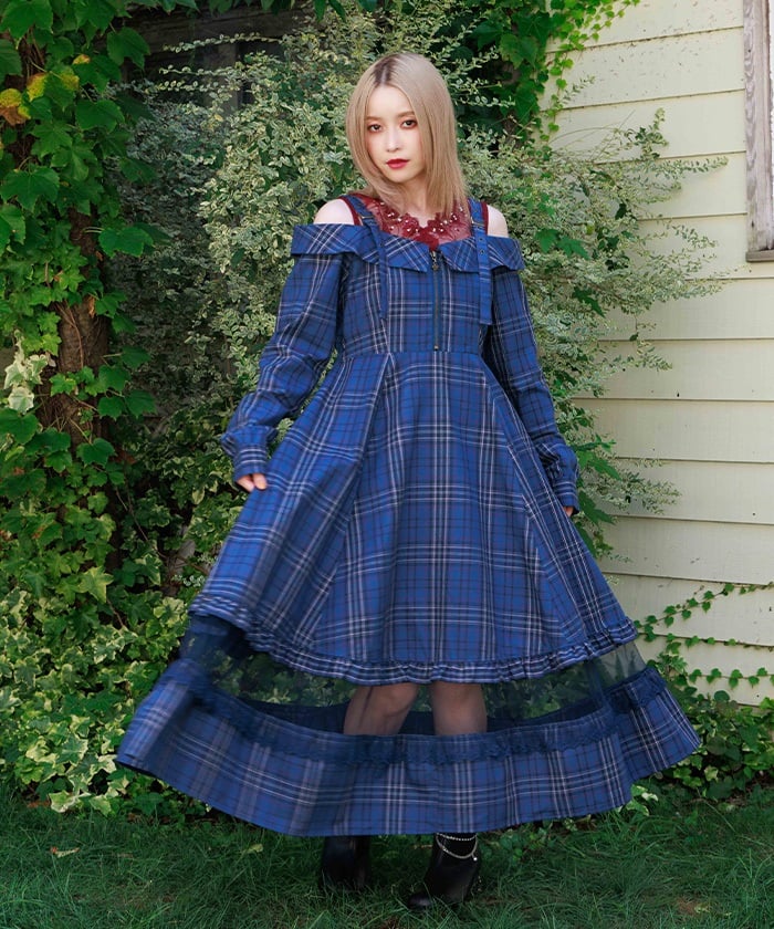 Tartan Plaid Open Shoulders Dress