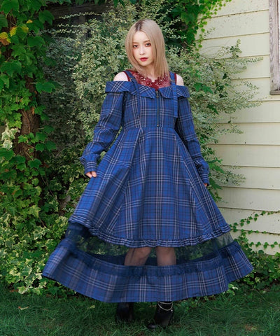 Tartan Plaid Open Shoulders Dress