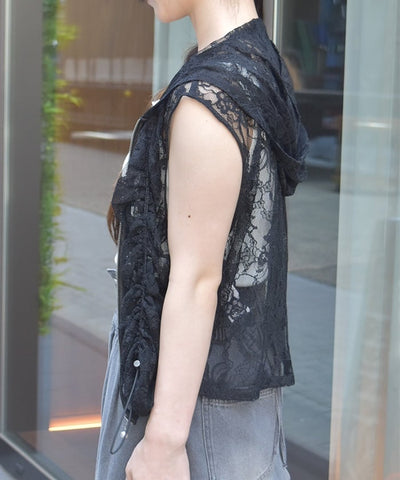 Hooded Drawstring Lace Vest
