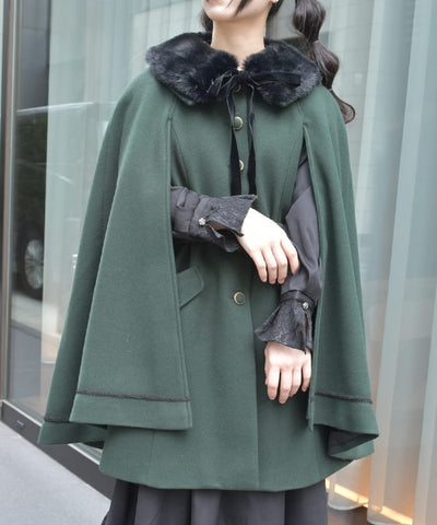 Cape Coat with Fur Collar