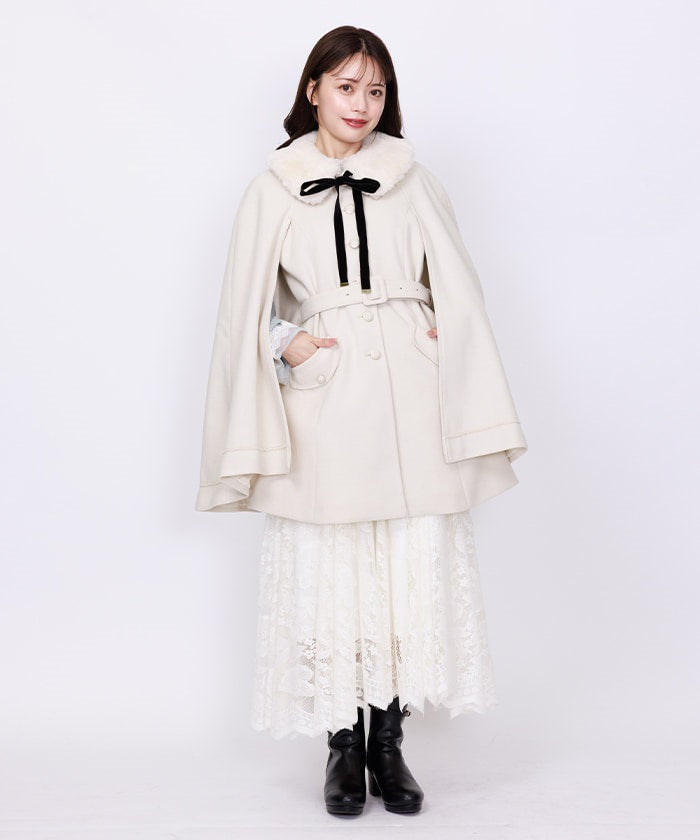 Cape Coat with Fur Collar