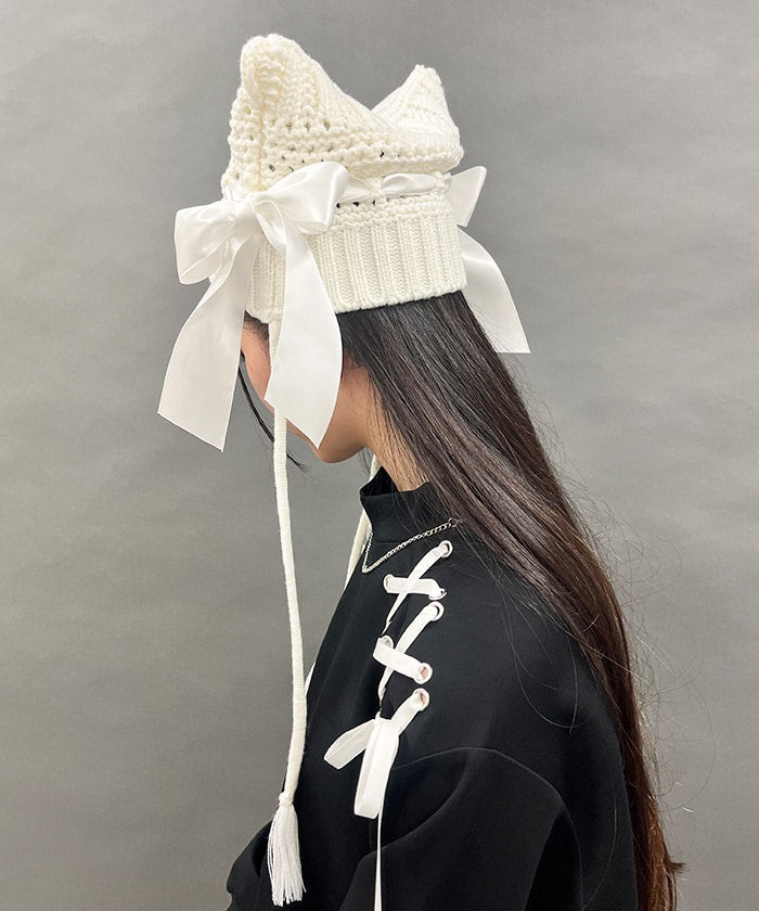 Satin Ribbon Cat Ears Knit Hat