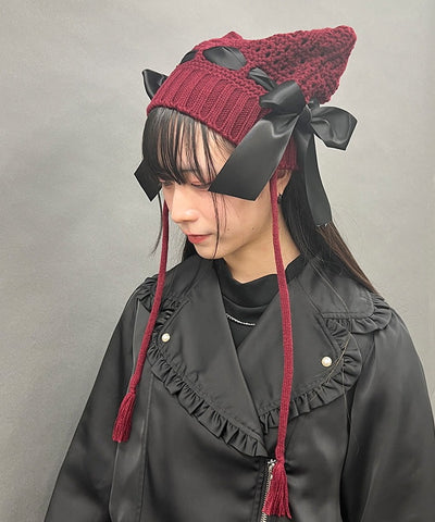 Satin Ribbon Cat Ears Knit Hat