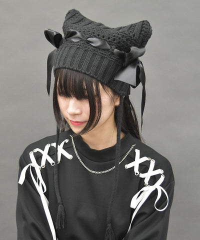 Satin Ribbon Cat Ears Knit Hat