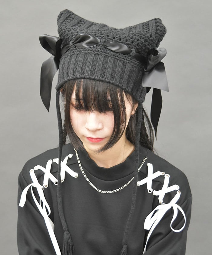 Satin Ribbon Cat Ears Knit Hat