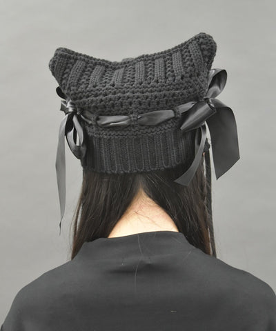 Satin Ribbon Cat Ears Knit Hat