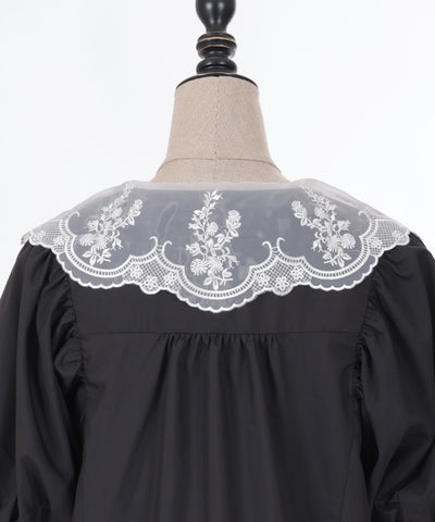 Flower Embroidery Collar Puff Sleeve Blouse