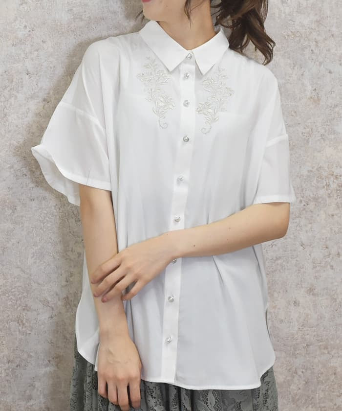 Flower Embroidery Sheer Long Shirt