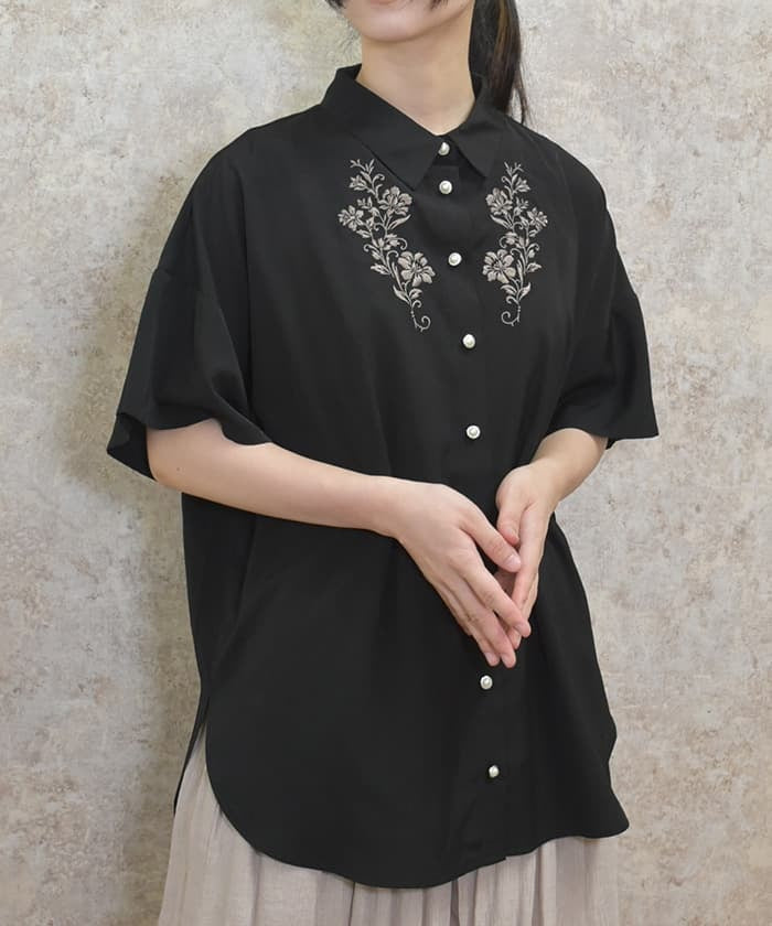 Flower Embroidery Sheer Long Shirt