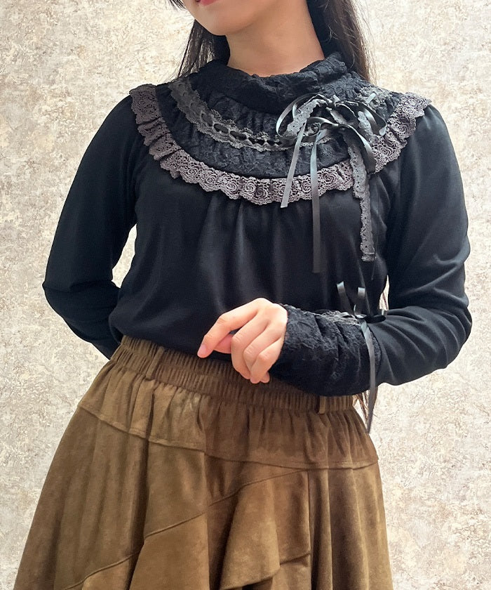 Yoke Lace & Ribbon Turtleneck