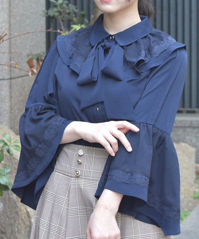 Princess Sleeves Style Frill Blouse with Ribbon