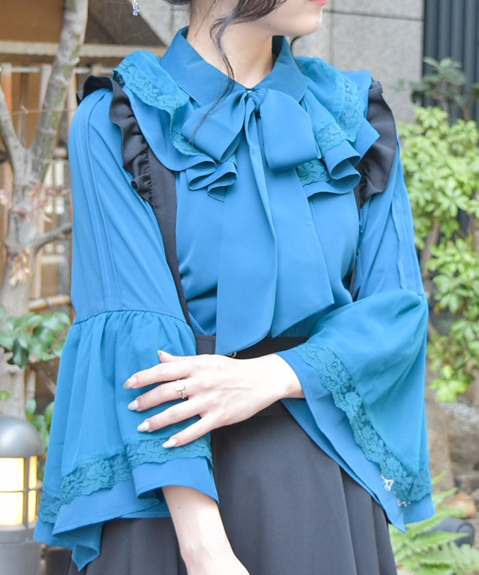 Princess Sleeves Style Frill Blouse with Ribbon