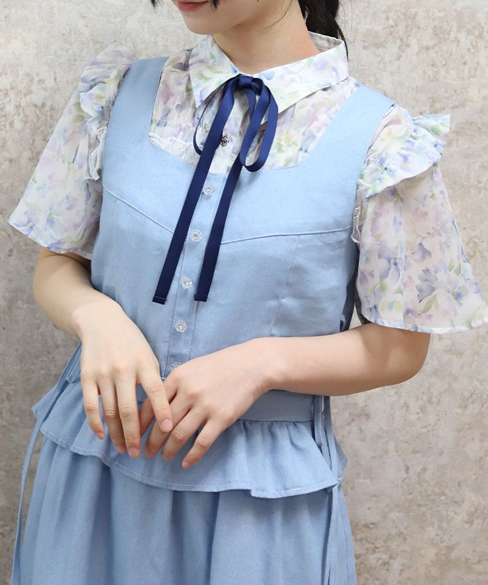 Floral Pattern Frill Sheer Blouse