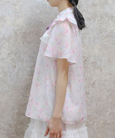 Floral Pattern Frill Sheer Blouse