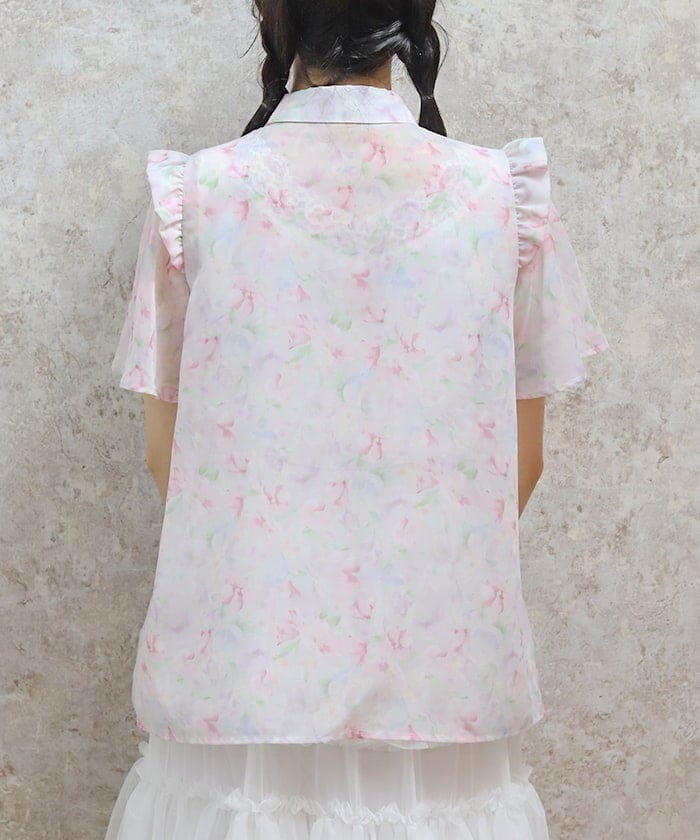 Floral Pattern Frill Sheer Blouse